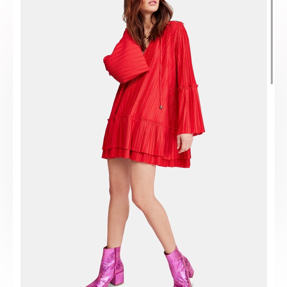 Free People Cherry Red Pleated Bell Sleeve Hippie Dress - S - Red